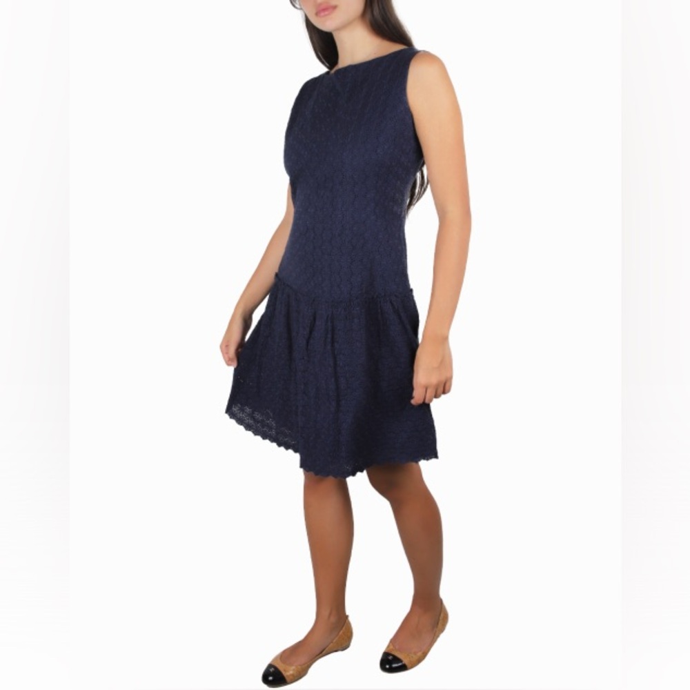 Carolina Herrera Navy Cotton Lace Drop Waist Sleeveless Dress